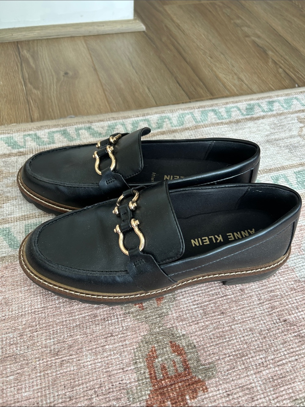 Anne Klein Black Leather Slip-On Loafers with Gold Bit